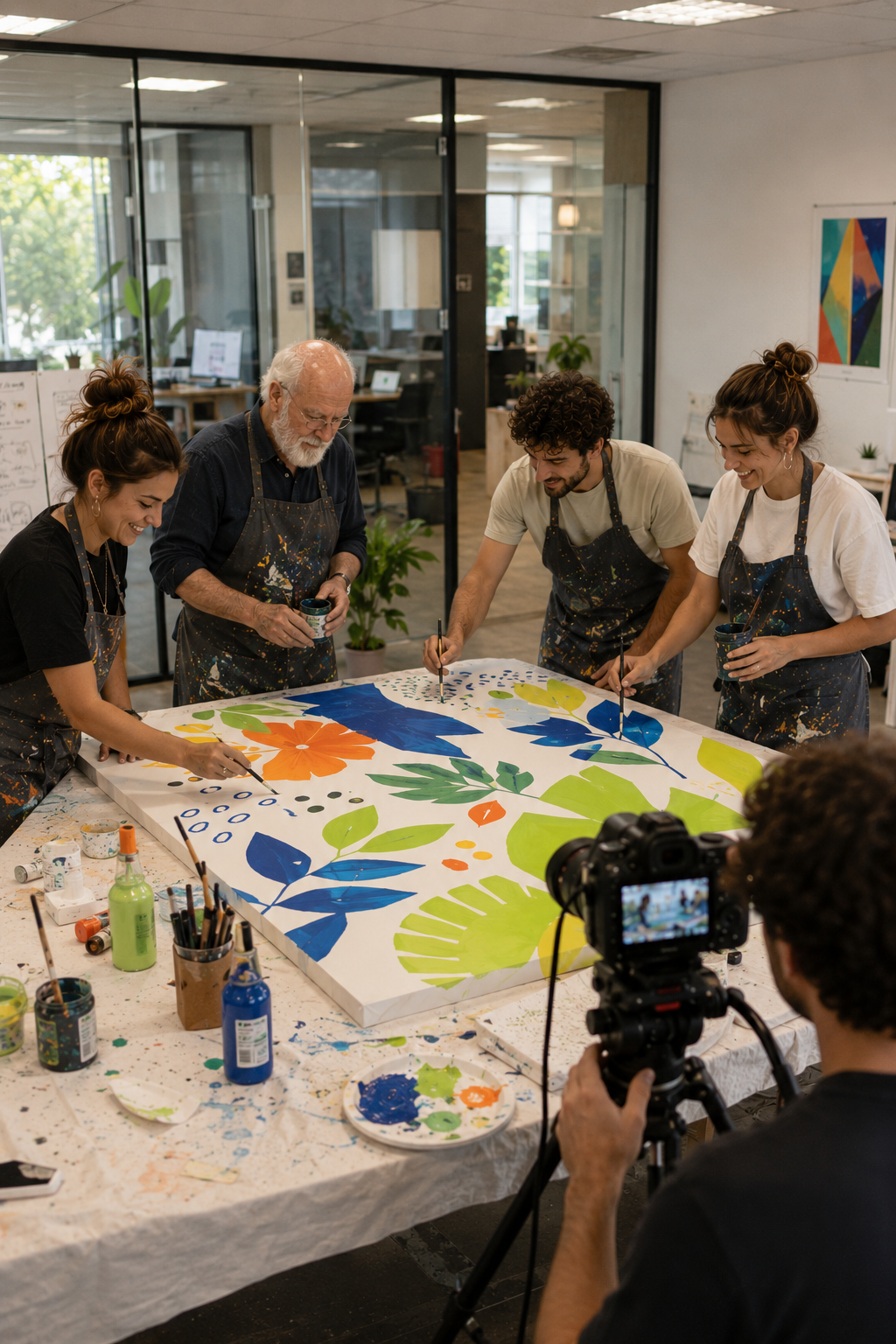 Dino and three participants co-painting a large botanical canvas in a bright studio while a camera films the session