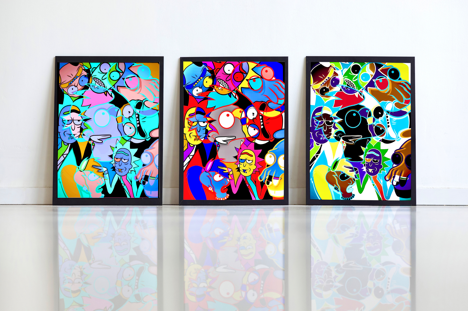 Three works from 90's Babies Memories framed and leaning against a white gallery wall