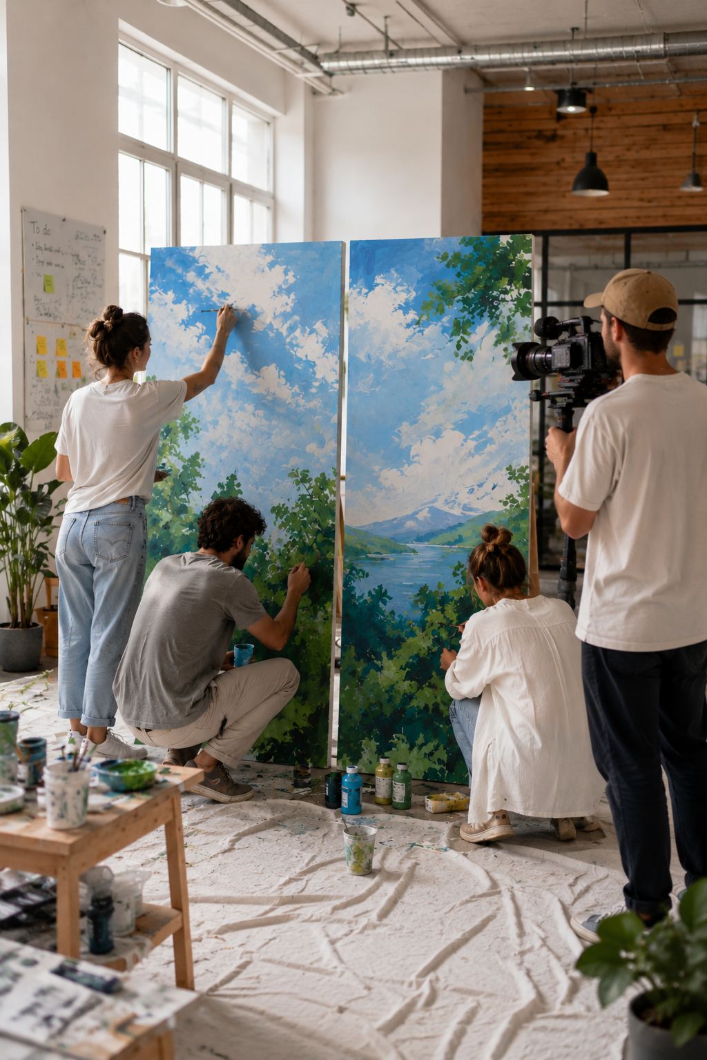 Studio scene: two painters working on a large mural diptych of clouds and a lake landscape while a cinematographer films the process