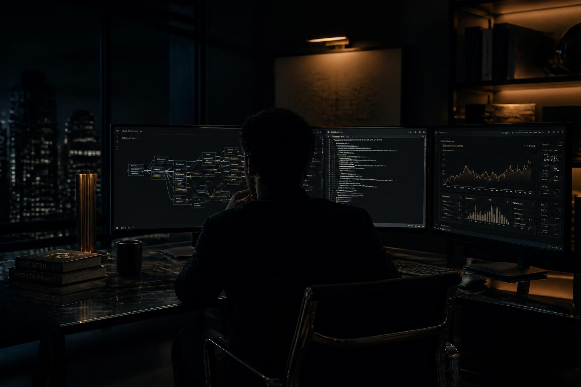 Minimalist workspace with a large screen displaying an abstract analytics dashboard