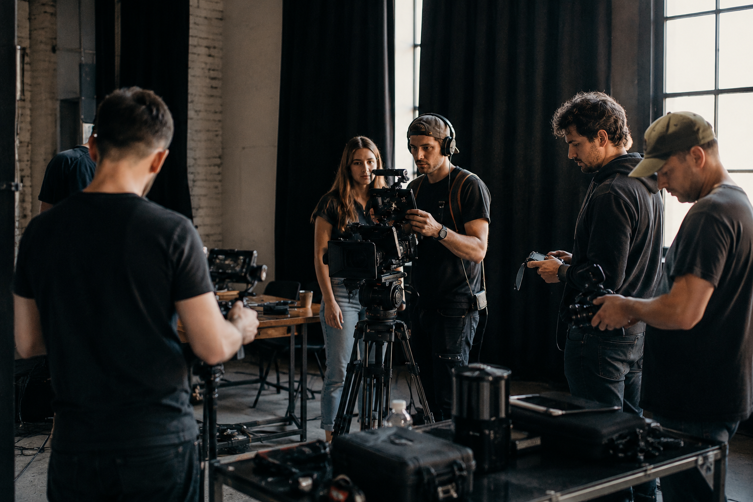 Behind the scenes of a film shoot, crew gathered around a cinema camera in a softly lit studio