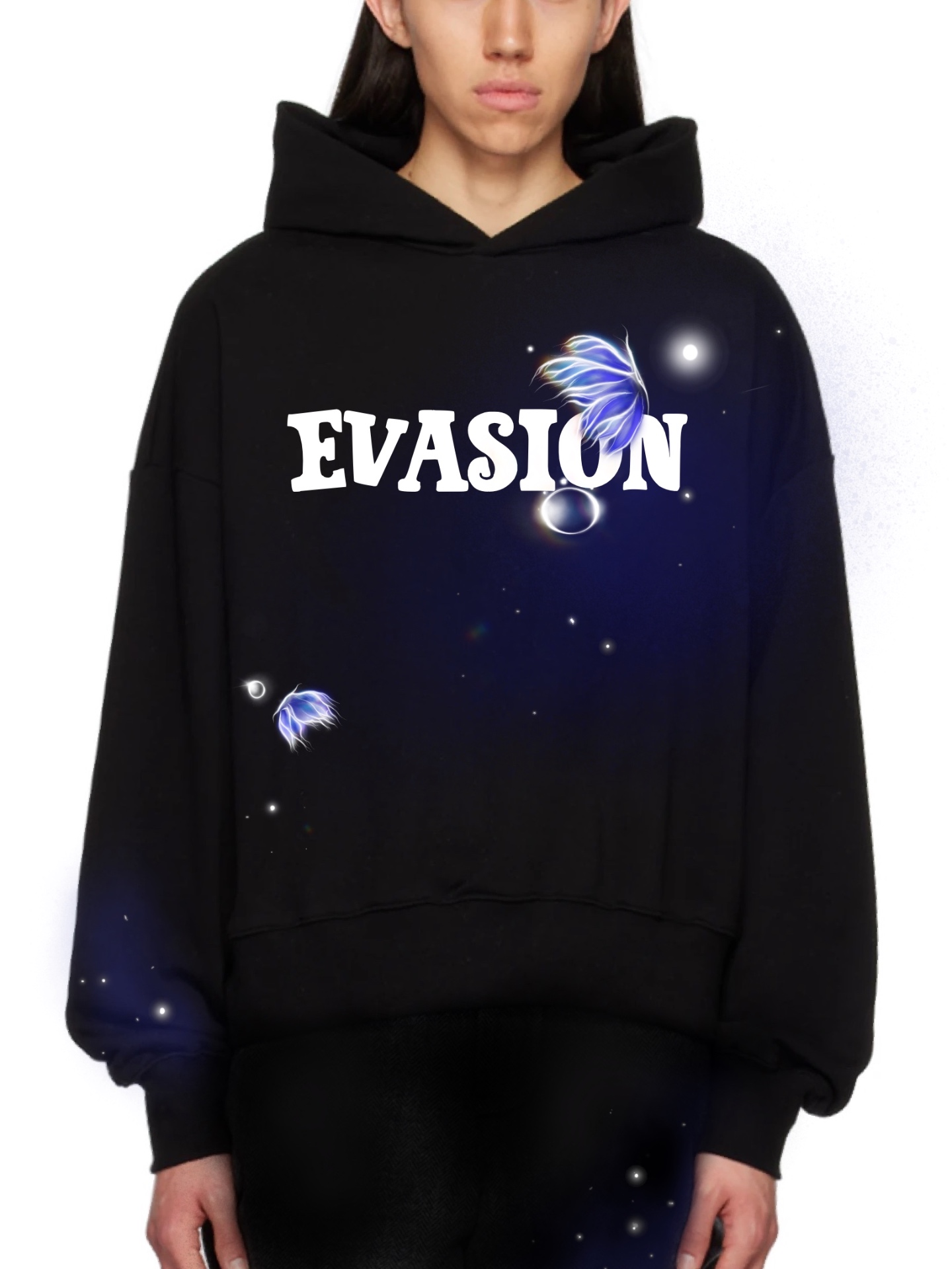 Black hoodie with galaxy butterfly artwork by Dino