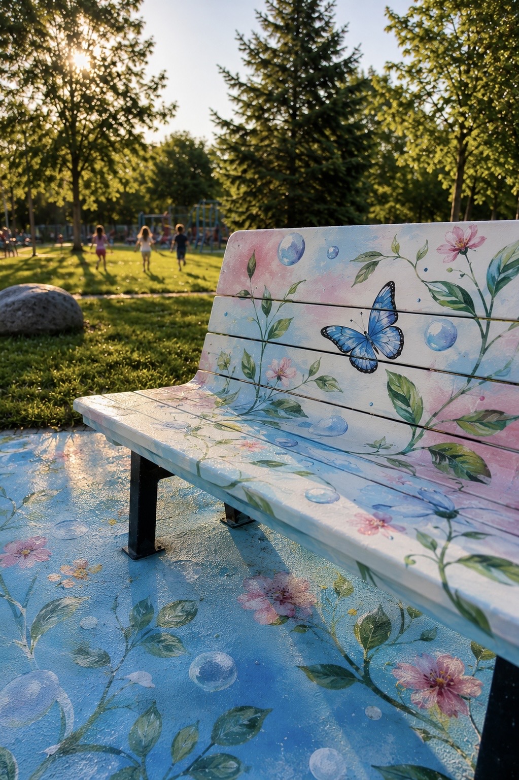 Hand-painted park bench with butterfly and florals, children playing in golden light